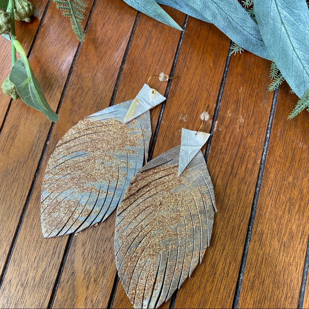 Leather Feather Drop Earrings - Picture 2 of 8